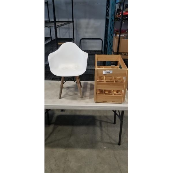 YOUTH WHITE TUB CHAIR AND WOOD WINE CRATE