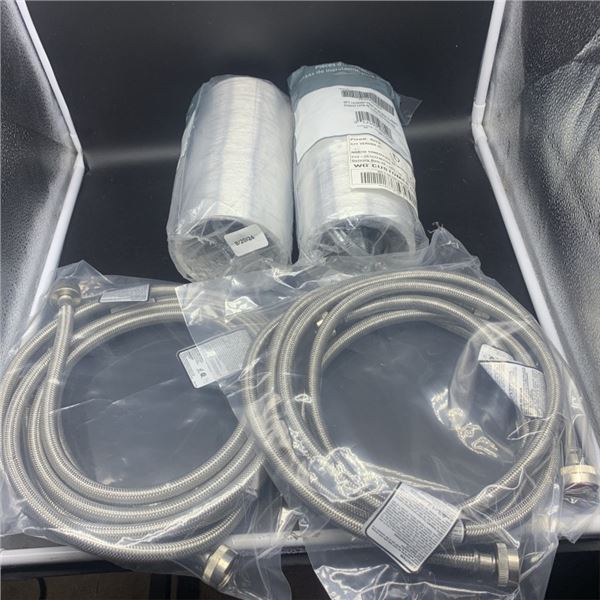 TWO SETS OF 6 FT BRAIDED WASHER INTAKE LINES AND TWO 8 FT EXTENDABLE DRYER HOSES WITH CLAMPS