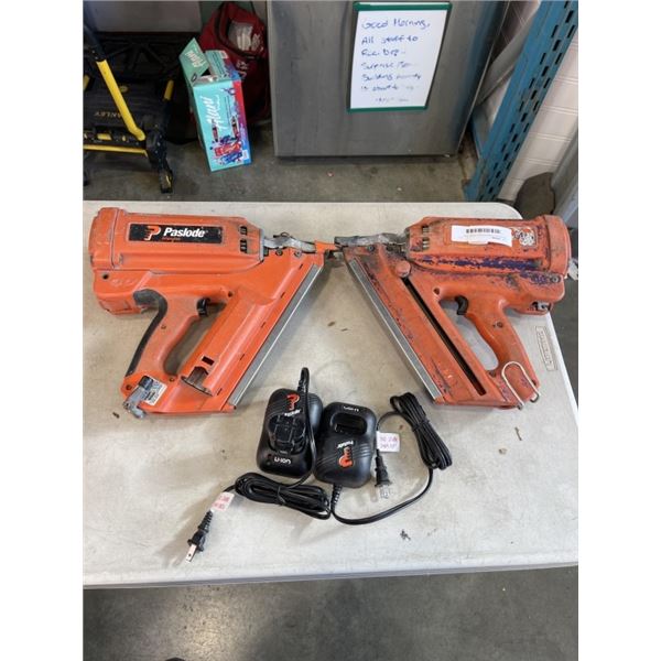 2 PASLODE CORDLESS NAIL GUNS, ONE BATTERY AND 2 CHARGERS