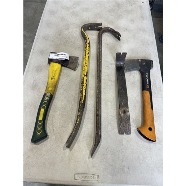 3 PRY BARS AND 2 HATCHETS