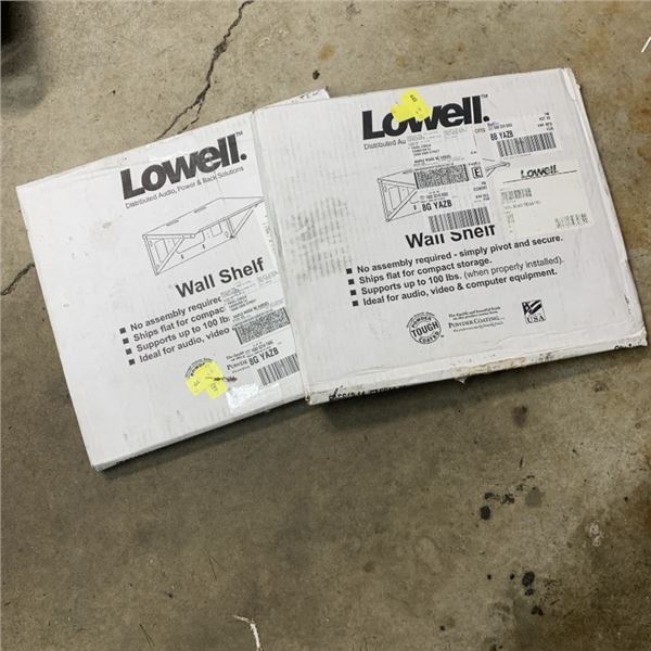 2 NEW LOWELL WALL SHELVES 18X14 HOLDS UP TO 100 LB  RETAIL $210