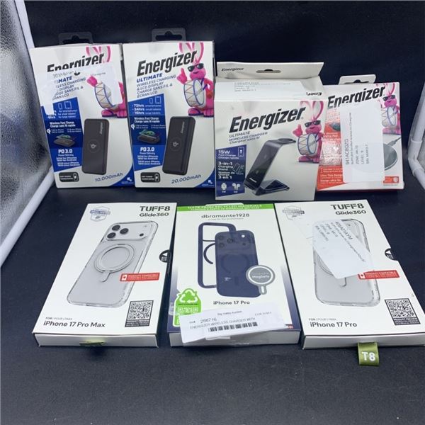 ENERGIZER WIRELESS CHARGER WITH ENERGIZER POWER BANK AND IPHONE CASES RETAIL $150