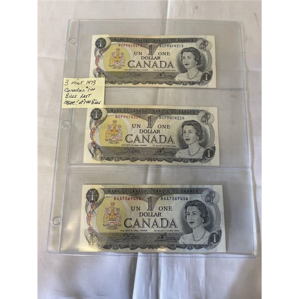 3 MINT 1973 CANADIAN $1 BILLS, LAST ISSUE OF $1 BILL