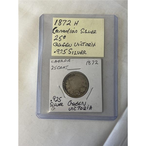 1872 H CANADIAN SILVER 25 CENT QUEEN VICTORIA .925 SILVER