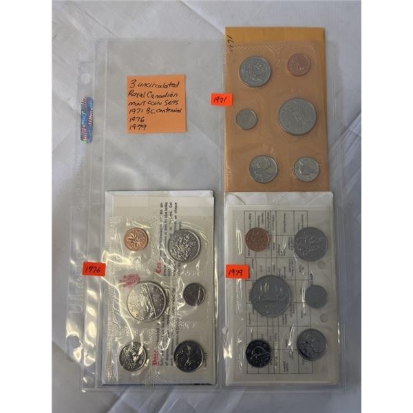 3 UNCIRCULATED ROYAL CANADIAN MINT COIN SETS 1971, 1976, 1979