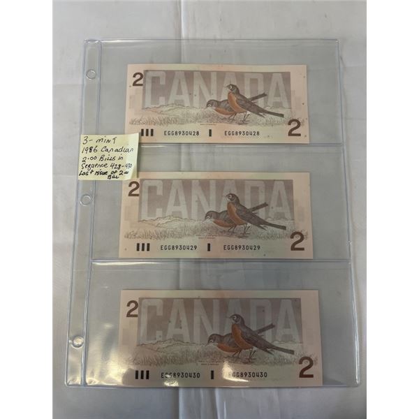 3 MINT 1986 CANADIAN $2 BILLS IN SEQUENCE 42-430 LAST ISSUES
