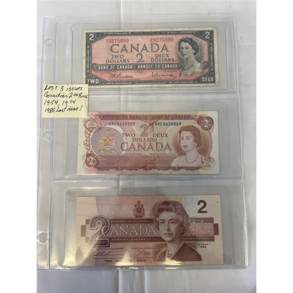 LAST 3 ISSUES OF CANADIAN $2 BILL 1954, 1974, 1986 LAST ISSUE