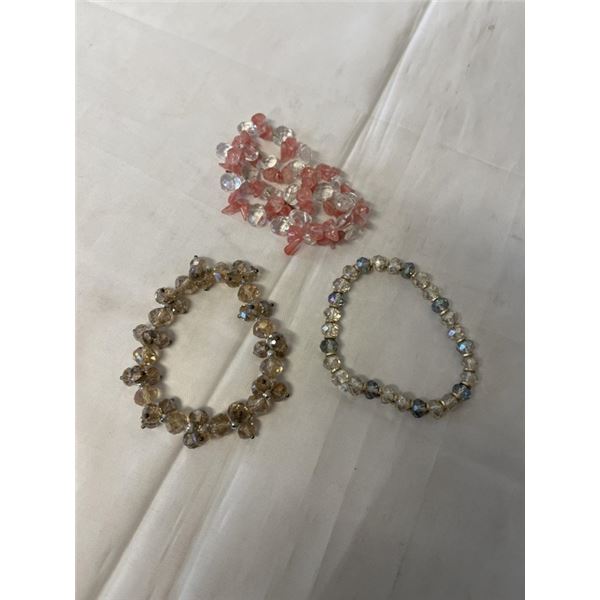 3 VINTAGE CRYSTAL GLASS STONE BEADS BRACELETS