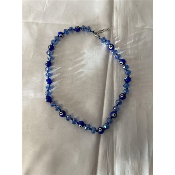 BLUE CRYSTAL GLASS AND DEVILS EYE BEADS NECKLACE 18-20" LENGTH