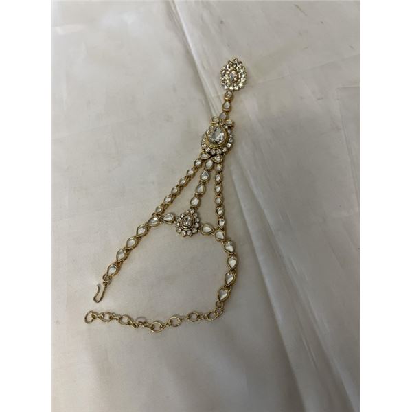 GOLD PLATED SOUTH ASIAN RING W/ BRACELET ATTATCHED 7-10" LENGTH, NO MISSING STONES