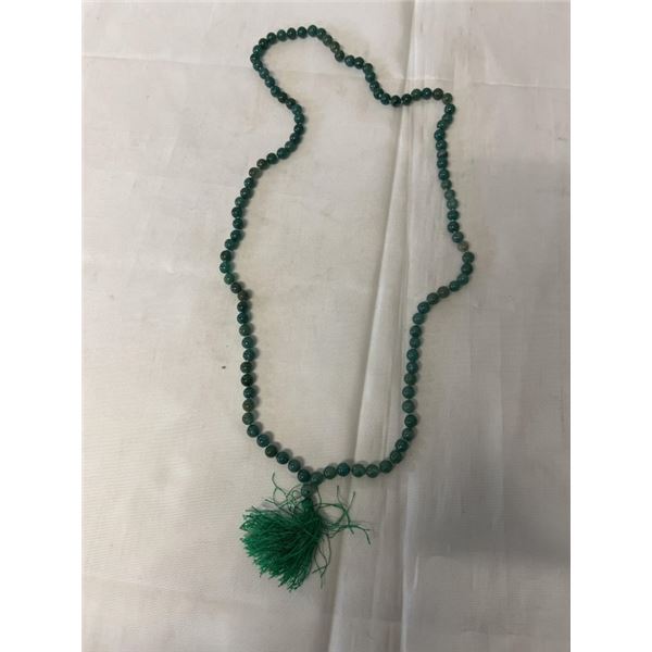 HAND KNOTTED GREEN JADE BEADS NECKLACE W/ TASSEL 26" LENGTH
