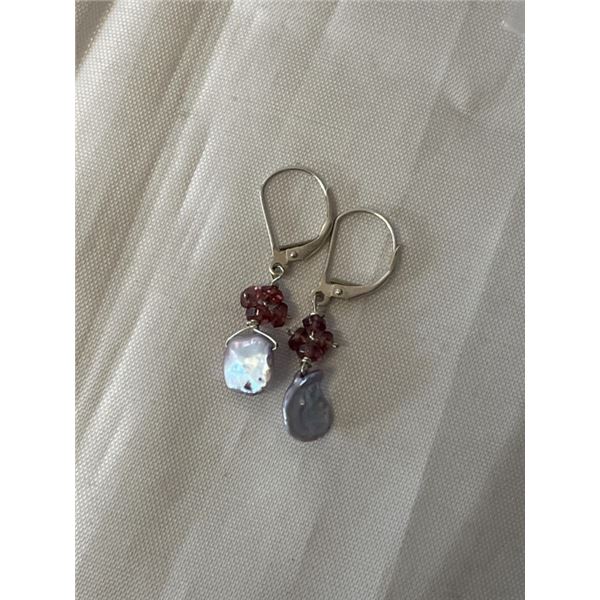 VINTAGE STERLING SILVER W/ GENUINE PEARL AND RANDELLE RUBIES BEADS DANGLE EARRINGS, MARKED 925