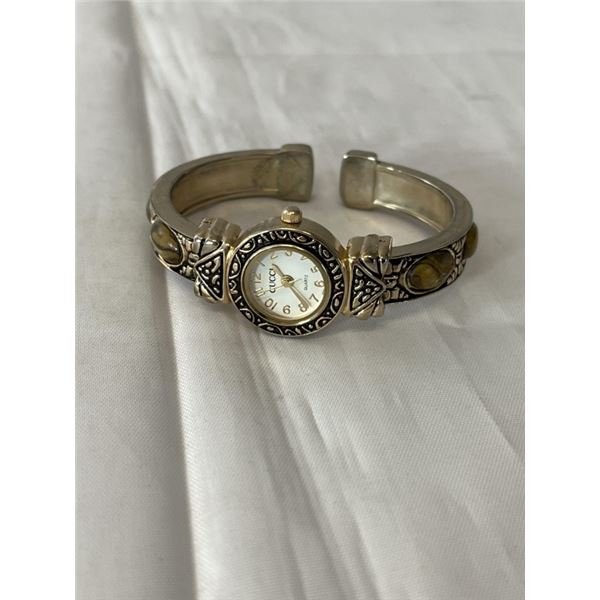 GUCCI QUARTZ WATCH OPEN BANGLE W/ ABELONE STONES WATCH BRACELET MARKED IN BACK VERSALES, BATTERY REQ