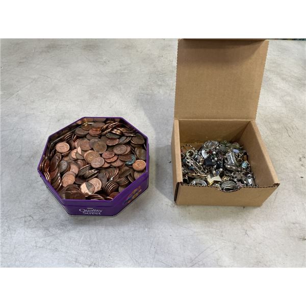 ASSORTED ESTATE JEWELLERY AND TIN OF PENNIES