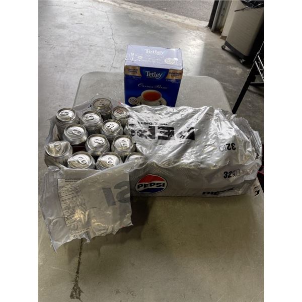 PARTIAL DIET PEPSI FLAT AND TETLEY ORANGE PEKOE TEA