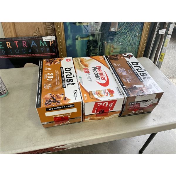 3 PACKS OF BRUST MOCHA AND CARAMEL PROTEIN DRINKS, 2027 EXP