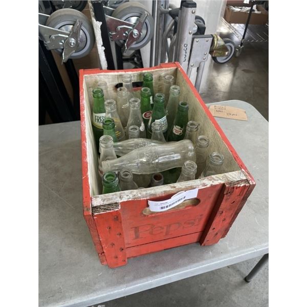 VINTAGE WOOD PEPSI CRATE AND ASOSRTED COLLECTIBLE GLASS BOTTLES
