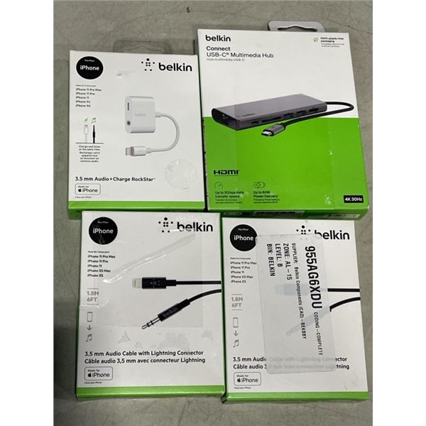 BELKIN CONNECT USB-C MULTIMEDIA HUB, BELKIN 3.5MM AUDIO + CHARGE ROCKSTAR CABLE, AND 2 BELKIN 3.5MM 
