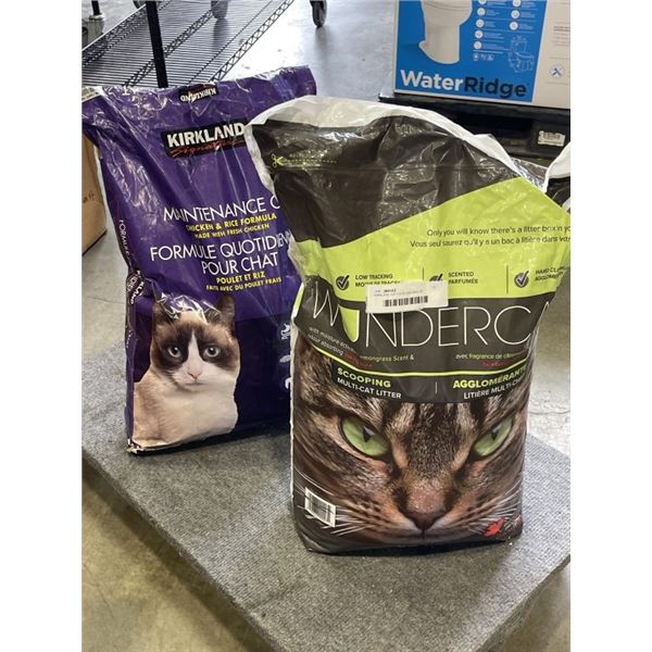KIRKLAND CAT FOOD AND BAG OF WUNDERCAT LITTER