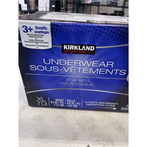 NEW CASE OF MENS  KIRKLAND ABSORBANT UNDERWEAR - SIZE XLARGE, 84 PER BOX