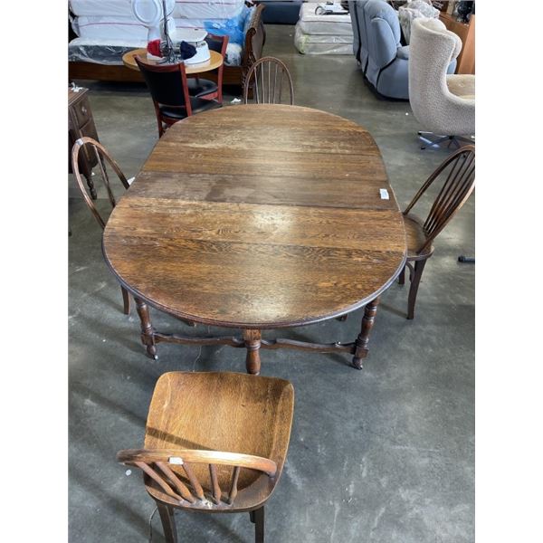 ANTIQUE DROP SIDE DINING TABLE AND 4 HOOP BACK CHAIRS, ONE CHAIR NEEDS REPAIR, PIECES INCLUDING, NON