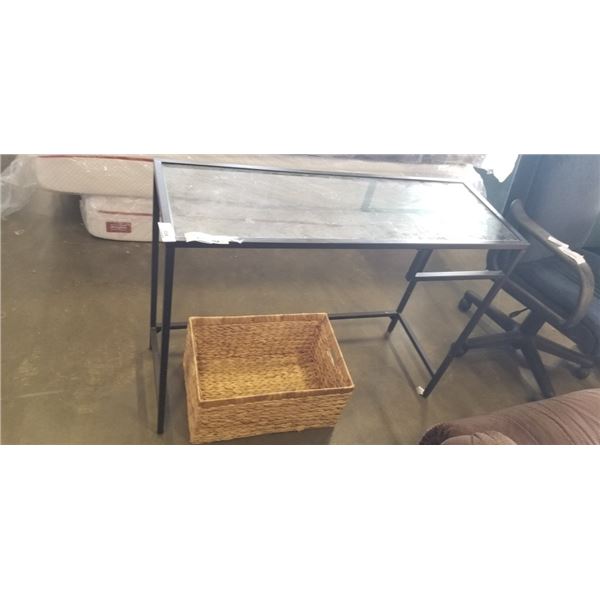 GLASS HALL TABLE AND RATTAN BASKET