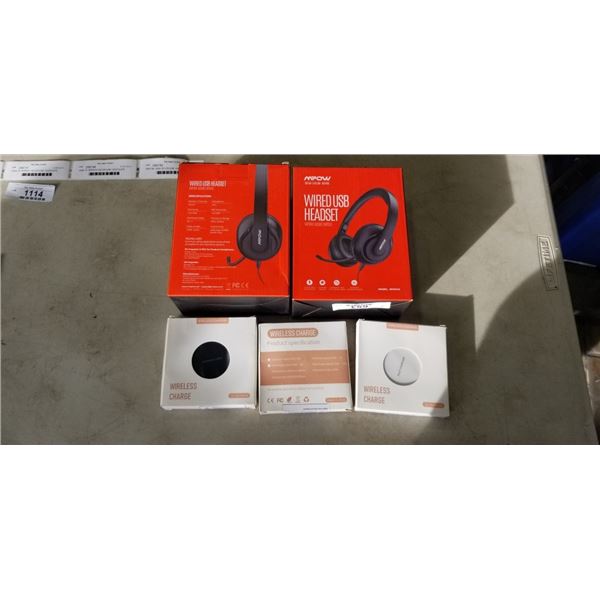 2 WIRED USB HEADSETS AND 3 QI CHARGERS