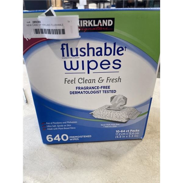 NEW CASE OF KIRKLAND FLUSHABLE WIPES - 10 PACKS OF 64 WIPES, 640 WIPES TOTAL