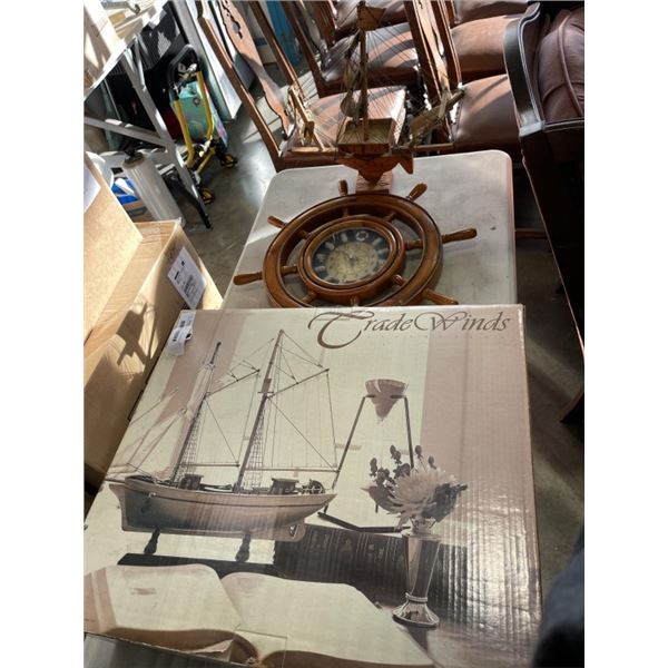 CRADE WINDS 18" TALL SHIP - NEVER OUT OF BOX, BANANA LEAF SHIP, AND NAUTICAL CLOCK