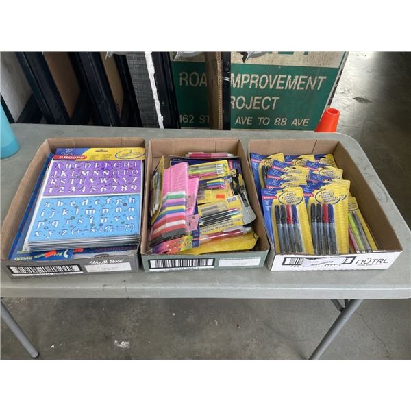 3 TRAYS OF NEW PERMANENT MARKERS, MECHANICAL PENCILS, STENCILS, RULERS AND MORE