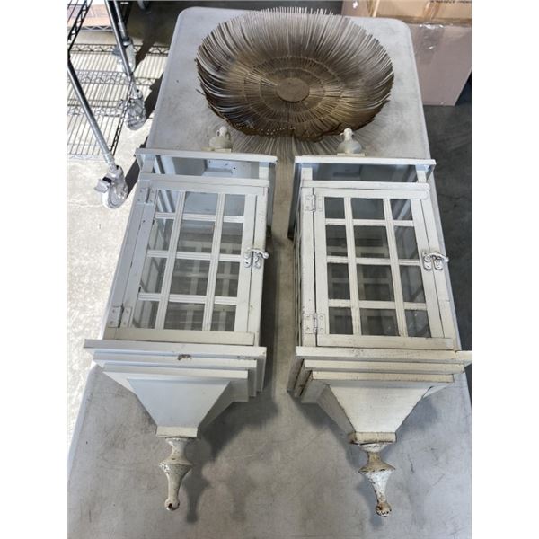 2 WHITE OUTDOOR HANGING LANTERNS AND DECORTIVE DISH