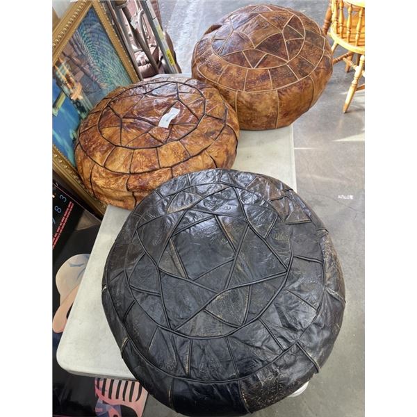 3 VINTAGE LEATHER HASSOCKS