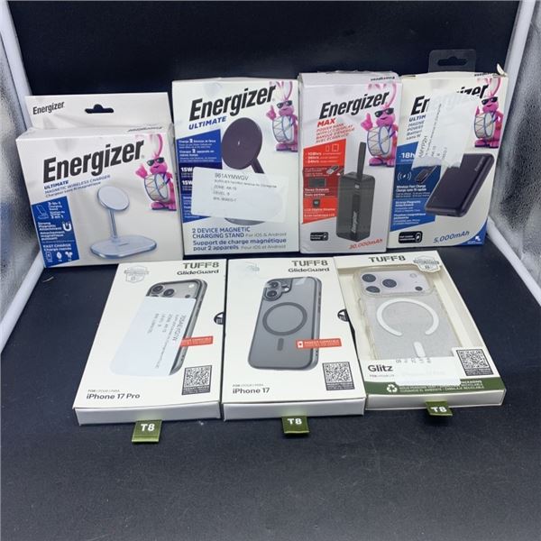 ENERGIZER WIRELESS CHARGER WITH ENERGIZER POWER BANK AND IPHONE CASES RETAIL $150
