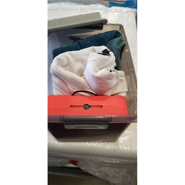 TOTE WITH SWEATERS, SHIRTS AND PAIR OF BLACK BOOTS