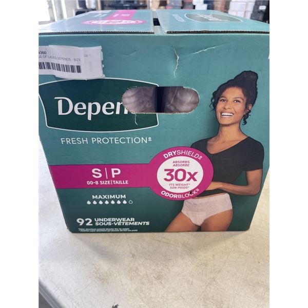 NEW CASE OF LADIES DEPENDS - SIZE SMALL, 92 PER BOX