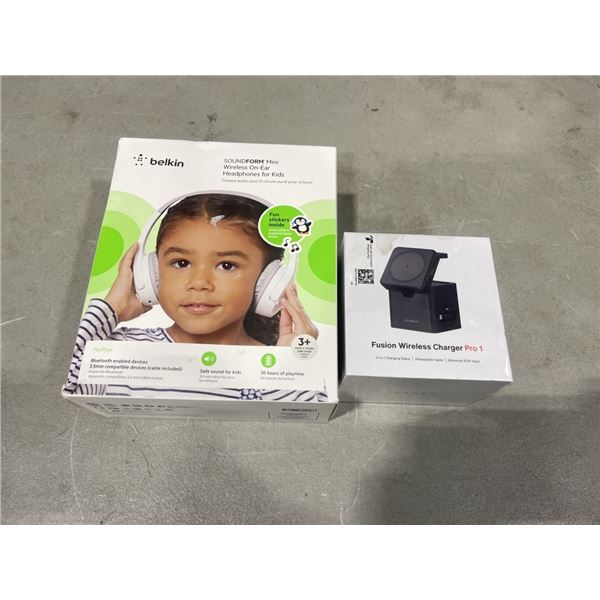 BELKIN SOUNDFORM MINI WIRELESS ON EAR HEADPHONES FOR KIDS, AND FUSION WIRELESS CHARGER PRO 1,  5 IN 