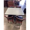 Image 1 : PUB DINING TABLE WITH CAST IRON BASE, AND 4 AS NEW LEATHER SEAT SOLID WOOD DINING CHAIRS, TABLE IS 4