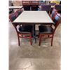 Image 2 : PUB DINING TABLE WITH CAST IRON BASE, AND 4 AS NEW LEATHER SEAT SOLID WOOD DINING CHAIRS, TABLE IS 4