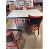 Image 3 : PUB DINING TABLE WITH CAST IRON BASE, AND 4 AS NEW LEATHER SEAT SOLID WOOD DINING CHAIRS, TABLE IS 4
