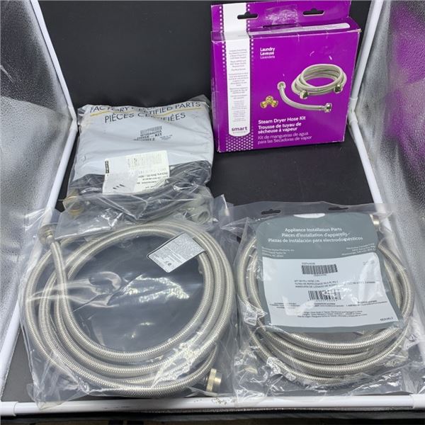 TWO SETS OF 6 FT BRAIDED WASHER INTAKE LINES AND TWO  STEAM DRYER HOSE KITS