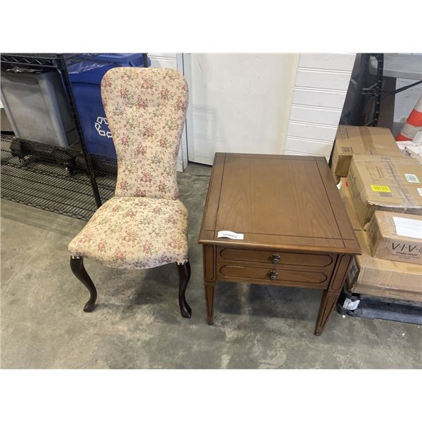 VINTAGE DEILCRAFT MADE IN CANADA SIDE TABLE AND ANTIQUE PARLOUR CHAIR