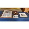 Image 1 : 3 SIGNED PHOTOS AND WALL CLOCK - 2 FRAMED, ONE NATIVE ART