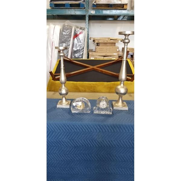 2 LARGE CANDLE PEDESTALS AND HEAVY GLASS MANTLE CLOCKS - MIKASA AND PARKS AVENUE