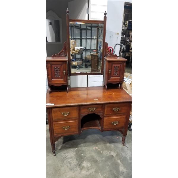 ANTIQUE VANITY DRESSER WITH TILTING MIRROR AND GALLERY DRAWERS, VERY GOOD CONDITION
