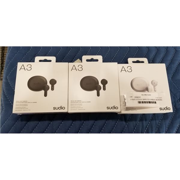 3 PAIRS OF SUDIO WIRELESS EARBUDS WORKING CONDITION UNKNOWN