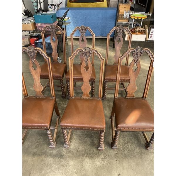 6 ANTIQUE LEATHER SEAT DINING CHAIRS