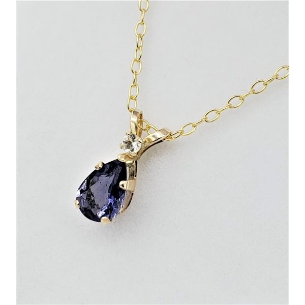 10KT YELLOW GOLD NATURAL IOLITE (0.50CT) AND NATURAL MOONSTONE (0.04CT) PENDANT WITH GOLD PLATED STE