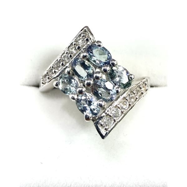 STERLING SILVER NATURAL TANZANITE (1.93CT) AND CZ RING, SIZE 7.75, W/A $750.00. TANZANITE IS THE BIR