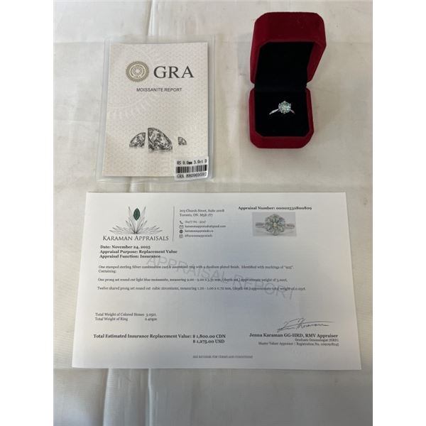 3.00 CT GRA CERTIFIED ROUND BRILLIANT CUT MOISSANITE STONE VVS LIGHT BLUE COLOR WITH 12 ROUND BRILLI