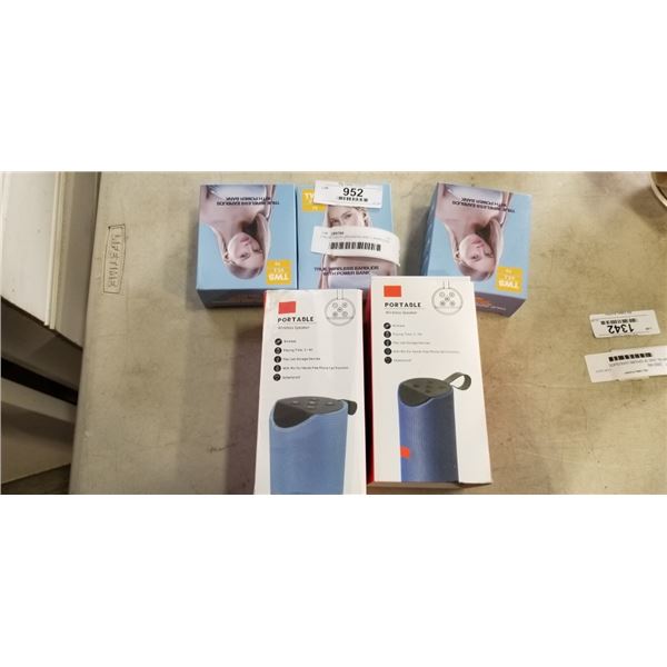 2 BLUETOOTH SPEAKERS AND 3 WIRELESS EARBUDS